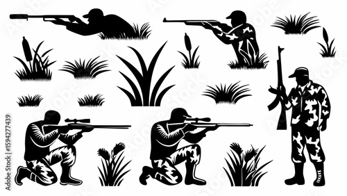 Silhouette illustration of hunters with rifles and grass in a monochrome black and white style | editable eps vectors