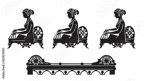 Silhouettes of women playing piano on ornate benches and a decorative bench in black and white design | editable eps vectors