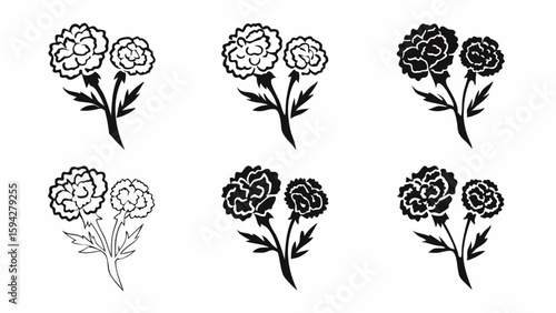 Six variations of stylized carnation flower designs with stems and leaves in black and white colors editable eps vectors silhouette