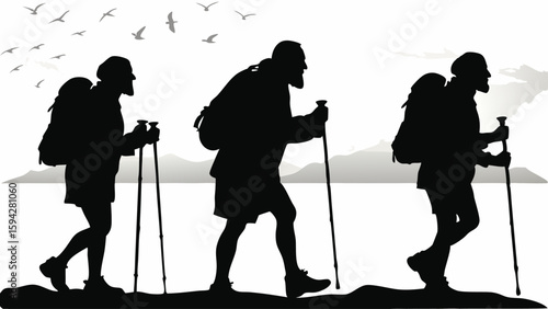 Silhouetted hikers with backpacks and trekking poles walking against a mountain backdrop and birds flying above editable eps vectors