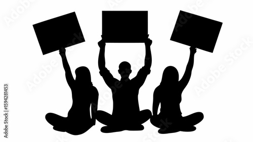 Silhouette of three people sitting and holding signs above them in a white background illustration editable eps vectors