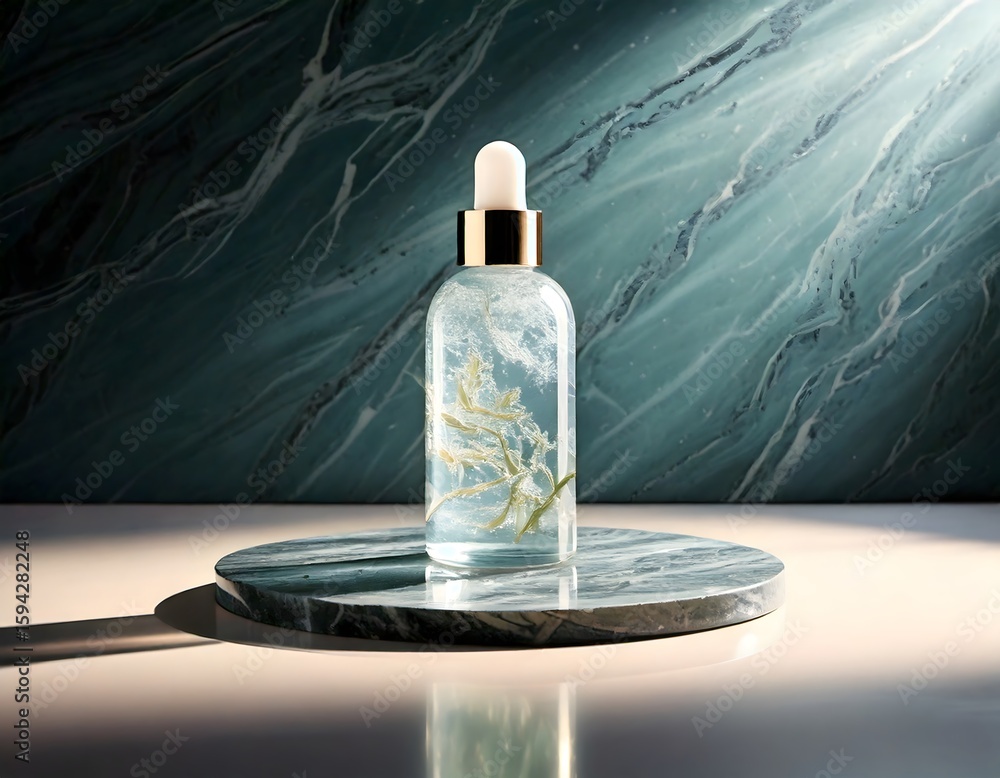 Naklejka premium Clear glass bottle with dropper and flowers