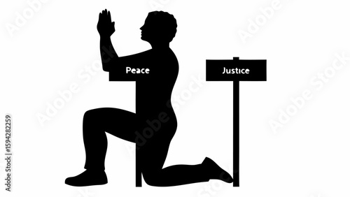 Silhouette of kneeling person with hands raised next to signs for peace and justice in black and white editable eps vectors