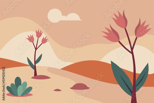 desert plants in bloom after rain soft haze effect art