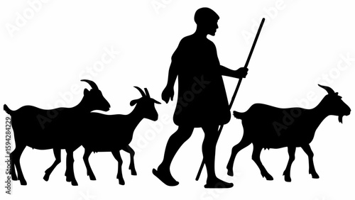 Silhouette of a shepherd walking with a stick and herding three goats in a black and white illustration editable eps vectors