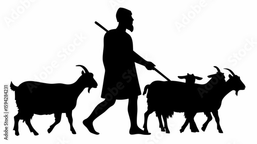 Silhouette of a shepherd walking with a staff and herding goats and sheep in a rural setting depicted editable eps vectors