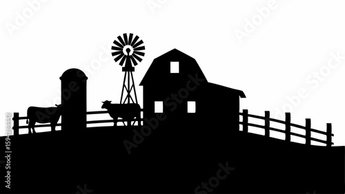Silhouette of a farm with a barn, windmill, silo, cows, and fence against a white background view editable eps vectors