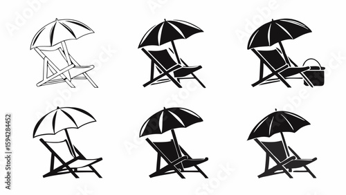 Illustrations of beach chairs under umbrellas with varying fill and bucket details in black and white editable eps vectors silhouette