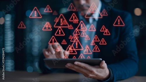 AI technology and cybersecurity warnings displayed as red holograms above a tablet in businessman hand future chatbot. Robot assistant danger alert privacy breach and hacker risk