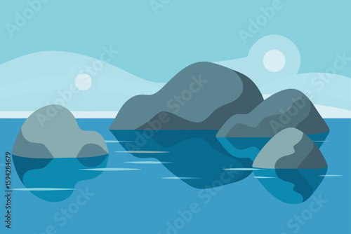 lakeside rocks with gentle ripples and reflections art