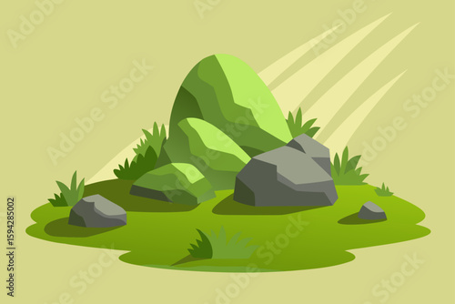 moss covered rock garden with filtered sunlight