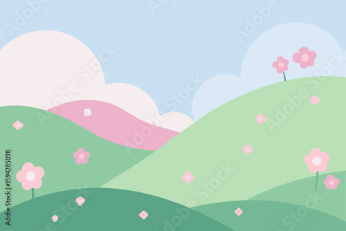 pastel hillside bloom with soft light and scattered flowers