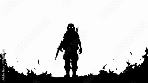 Silhouette of a soldier with a rifle standing amidst debris in a stark black and white landscape view