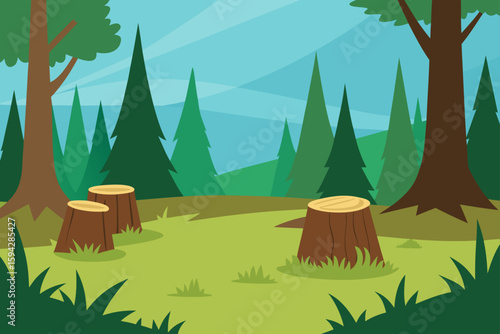 rustic forest clearing with wild grass and trees illustration