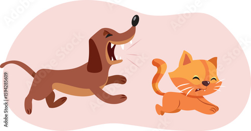Dog Running and Barking after a Cat Vector Cartoon. Aggressive puppy being angry chasing his friend 
