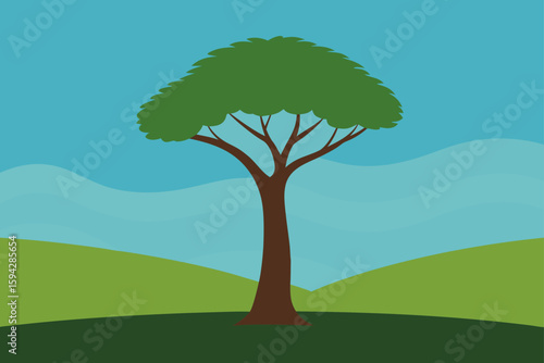 solitary tree in open grassland with cinematic depth illustration