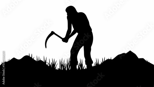 Silhouette of a person using a scythe in a field with grass and hills under a white background landscape editable eps vectors