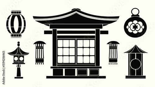 Illustration of a japanese style building with various lanterns and a decorative ornament design editable eps vectors silhouette