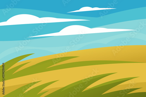 windswept grassland with clear horizon and clouds illustration