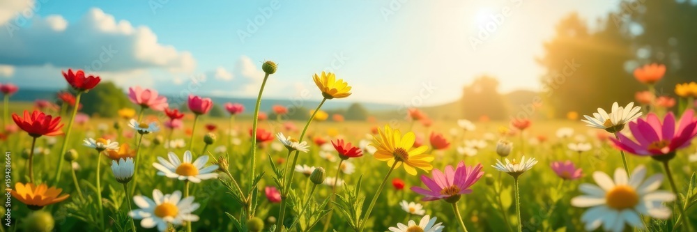 Obraz premium Sun-drenched field of wildflowers, swaying gently , idyllic, landscape, red