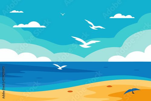 windy seashore with flying seagulls and cloudy horizon vector