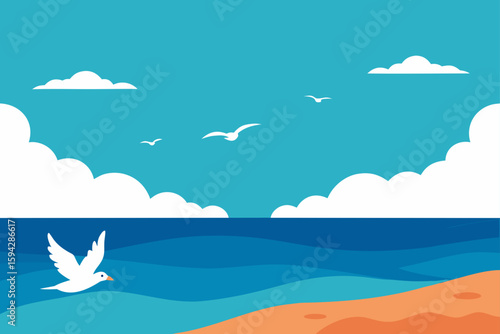 windy seashore with flying seagulls and cloudy horizon