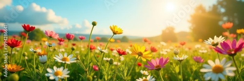 Sun-drenched field of wildflowers, swaying gently , idyllic, landscape, red
