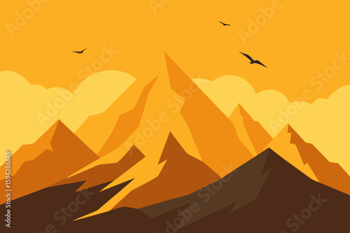 windy mountain ridge with flying birds in golden light art