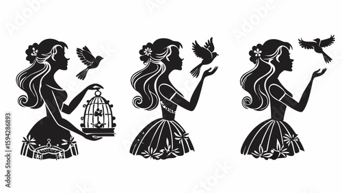 Silhouetted girls with birds and birdcage in varying poses on a white background design art editable eps vectors