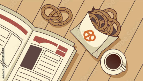 Morning news and coffee break with pretzels a delicious snack and daily newspaper reading time concept