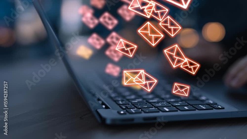 Email warning icons popping up on computer screen representing inbox overload and phishing alert. Email spam alert and cybersecurity concept digital communication spam risk or email marketing