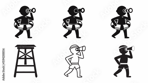 Illustration of lifeguards with life preservers and binoculars alongside a lifeguard stand design icon editable eps vectors silhouette