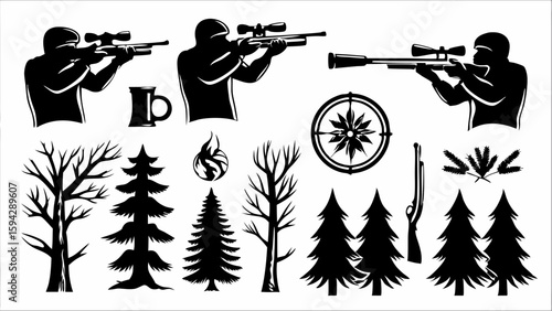 Silhouette illustration featuring hunters with rifles, compass, trees, and a beer mug in black and white editable eps vectors
