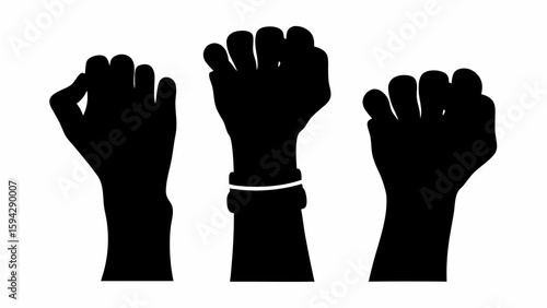 Three raised fists in silhouette symbolizing unity and solidarity with one hand wearing a bracelet editable eps vectors