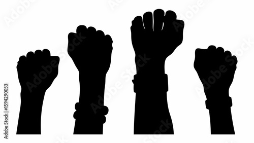 Silhouette of four raised fists with bracelets symbolizing unity and resistance on a white background editable eps vectors