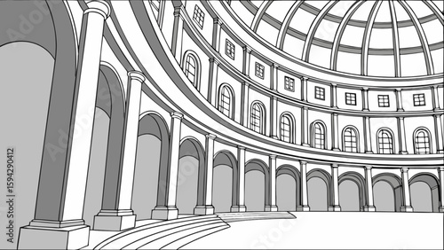Illustration of architectural rotunda interior with columns arches and dome roof design drawing style