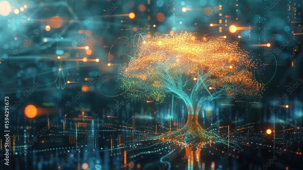 Obraz premium illustration of beautiful glowing tree growing on cities representing digital technology in studio. Generative AI 