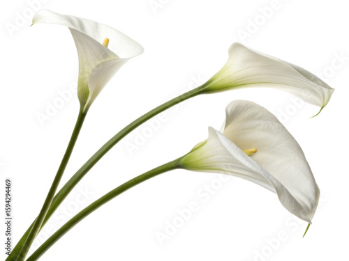 Elegant calla lilies gracefully arching with their smooth white petals and vibrant green stems create serene and beautiful floral arrangement