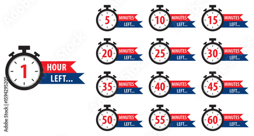 Set of countdown timers displaying intervals from 1 hour to 5 minutes left. Perfect for time management, deadlines, reminders, or event countdown visuals. Vector illustration. Flat style.