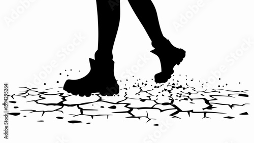 Silhouette of boots walking on cracked ground with debris scattered around the impact area shown in black