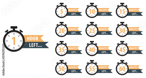Set of countdown timers displaying intervals from 1 hour to 5 minutes left. Perfect for time management, deadlines, reminders, or event countdown visuals. Vector illustration.