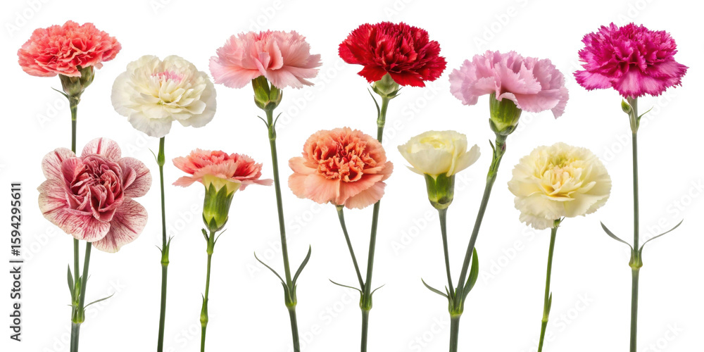 Fototapeta premium Beautiful carnation flowers in various colors create vibrant display of nature artistry. Each flower showcases unique petals and charm