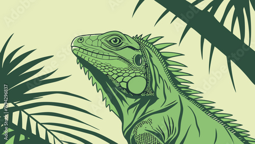 Illustration of a green iguana surrounded by palm fronds against a light background design art