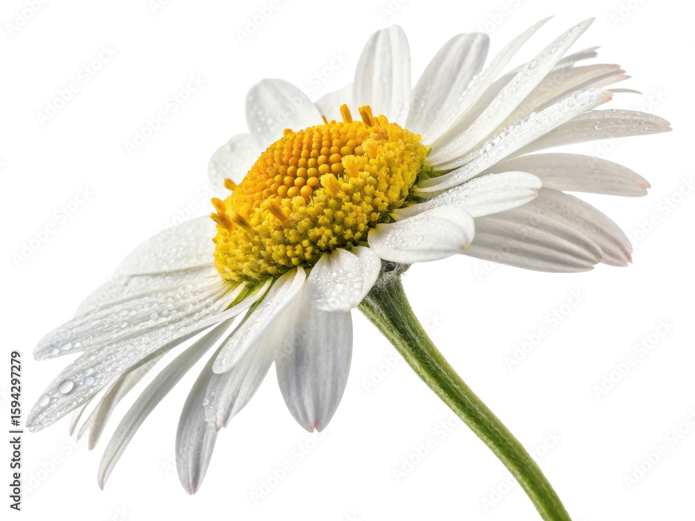 Obraz premium Beautiful daisy flower with delicate petals and vibrant yellow center glistens with dew drops in morning light