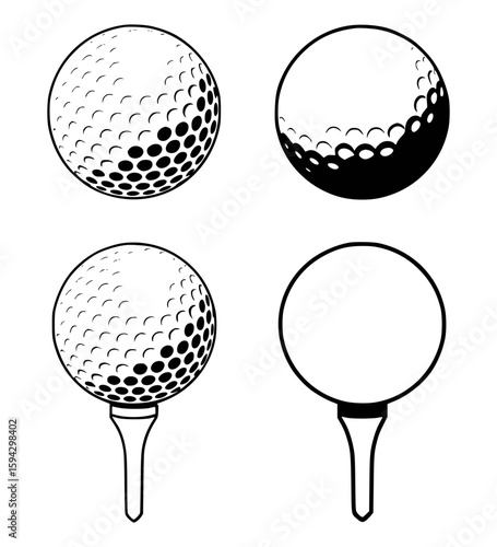Golf balls and tees black and white illustrations sport equipment