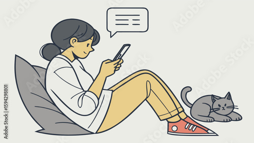 Woman using phone with cat illustration vector art for social media and lifestyle content design, 100 char