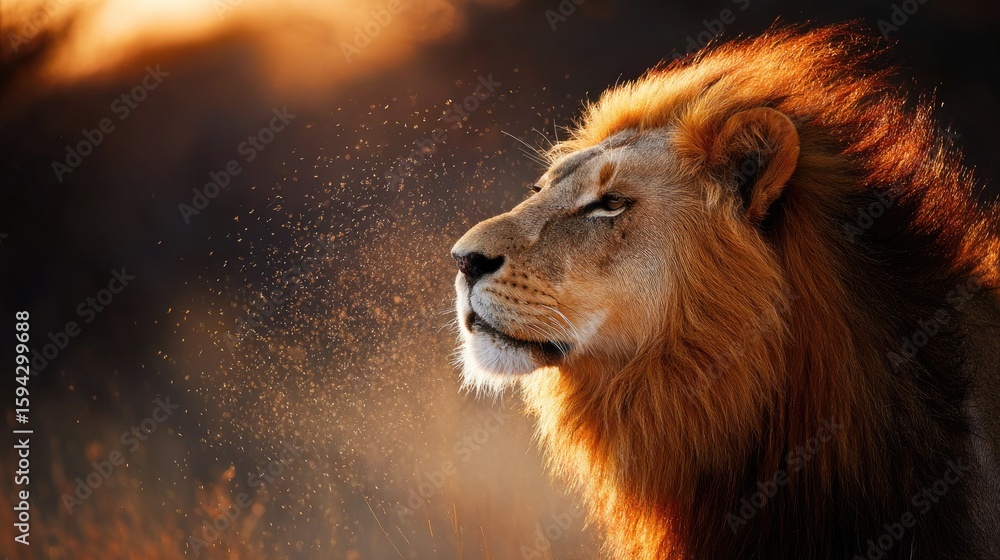 Fototapeta premium Majestic lion portrait in golden light.