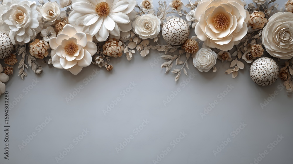 Obraz premium Overhead view of handcrafted paper flowers and foliage with neutral tones, concept for artistic backgrounds, wedding invitations and elegant stationery designs.