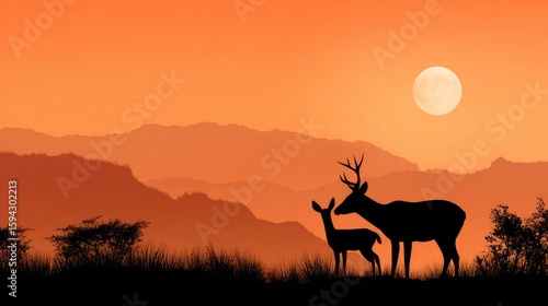 Silhouette of deer and mountains at sunset.