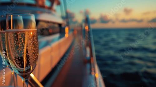 Champagne glasses clinking on a yacht deck at sunset, soft ocean breeze, high-end celebration

